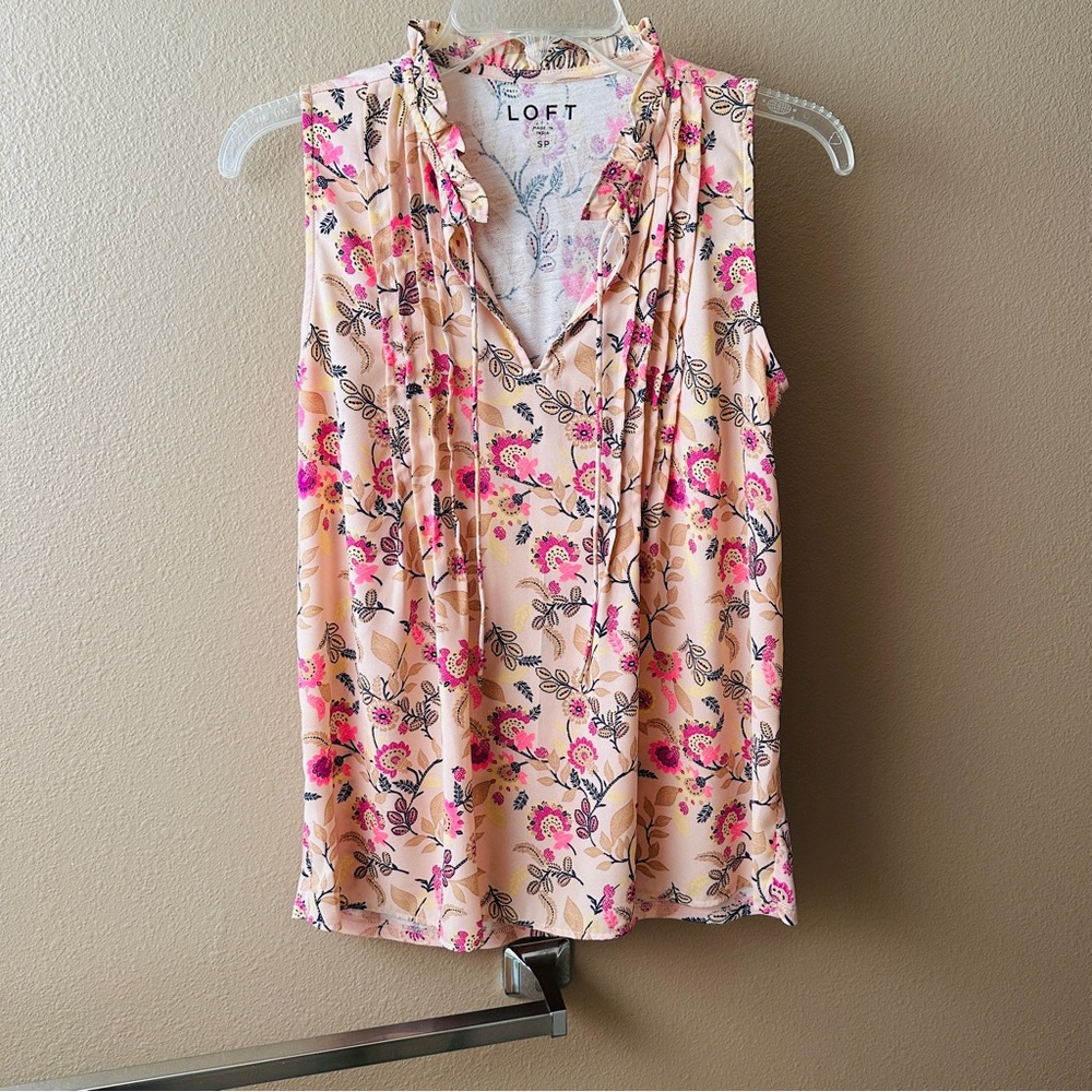 EUC Loft Petite Floral Pintucked Ruffle Tie Neck Mixed Media Shell